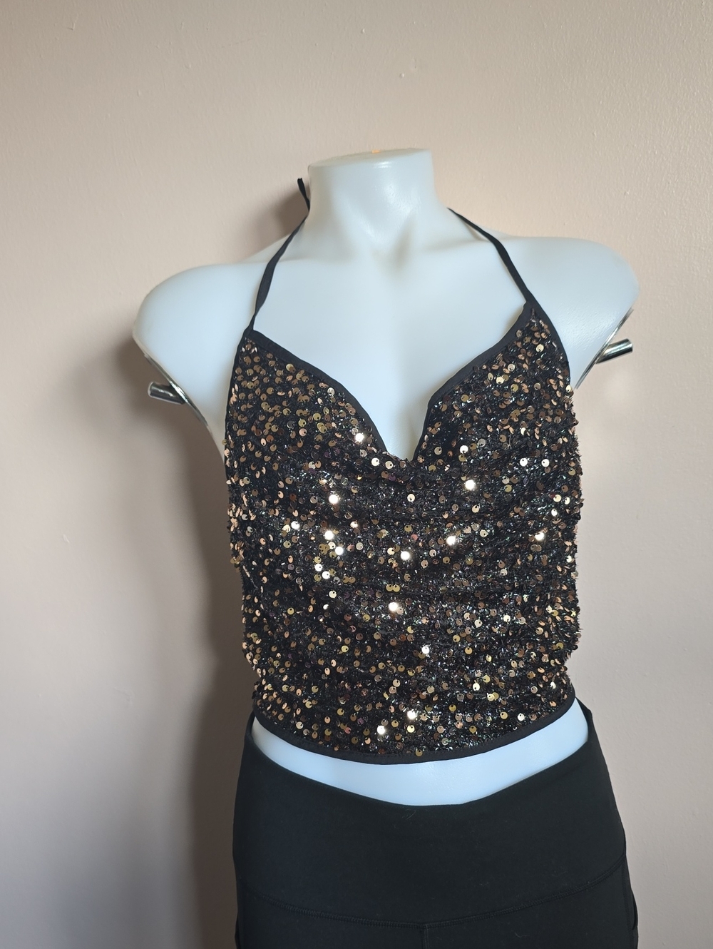 Black Sequin Halter Cami with Gold Accents